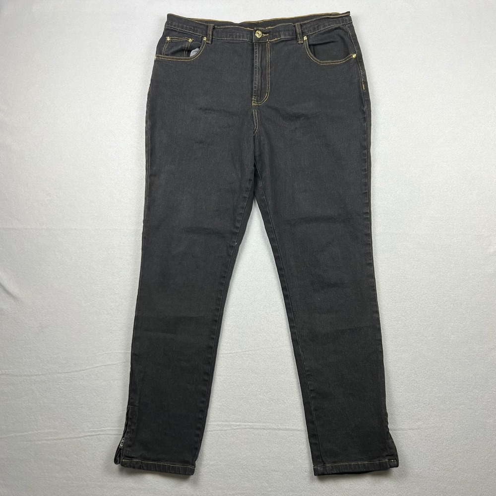 DG2 by Diane Gilman Women Size 14 Black Ramie Denim Ankle Zip Straight Leg Jeans